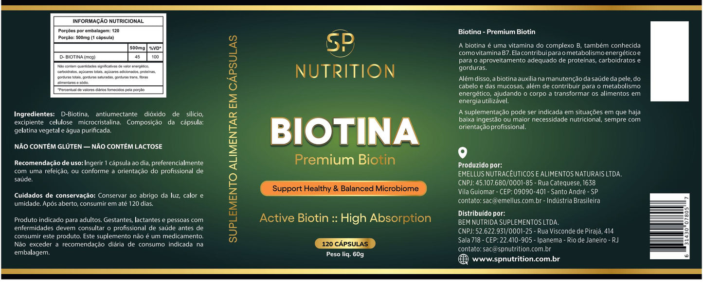 Biotina Premium - 45 mcg - 120 cápsulas - 120 doses