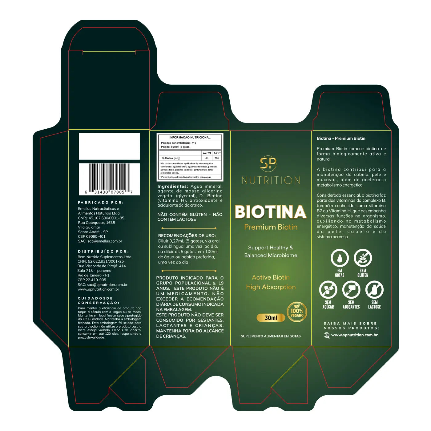 Biotina Premium - 45 mcg - 30 ml - 110 doses - SP Nutrition - Rótulo