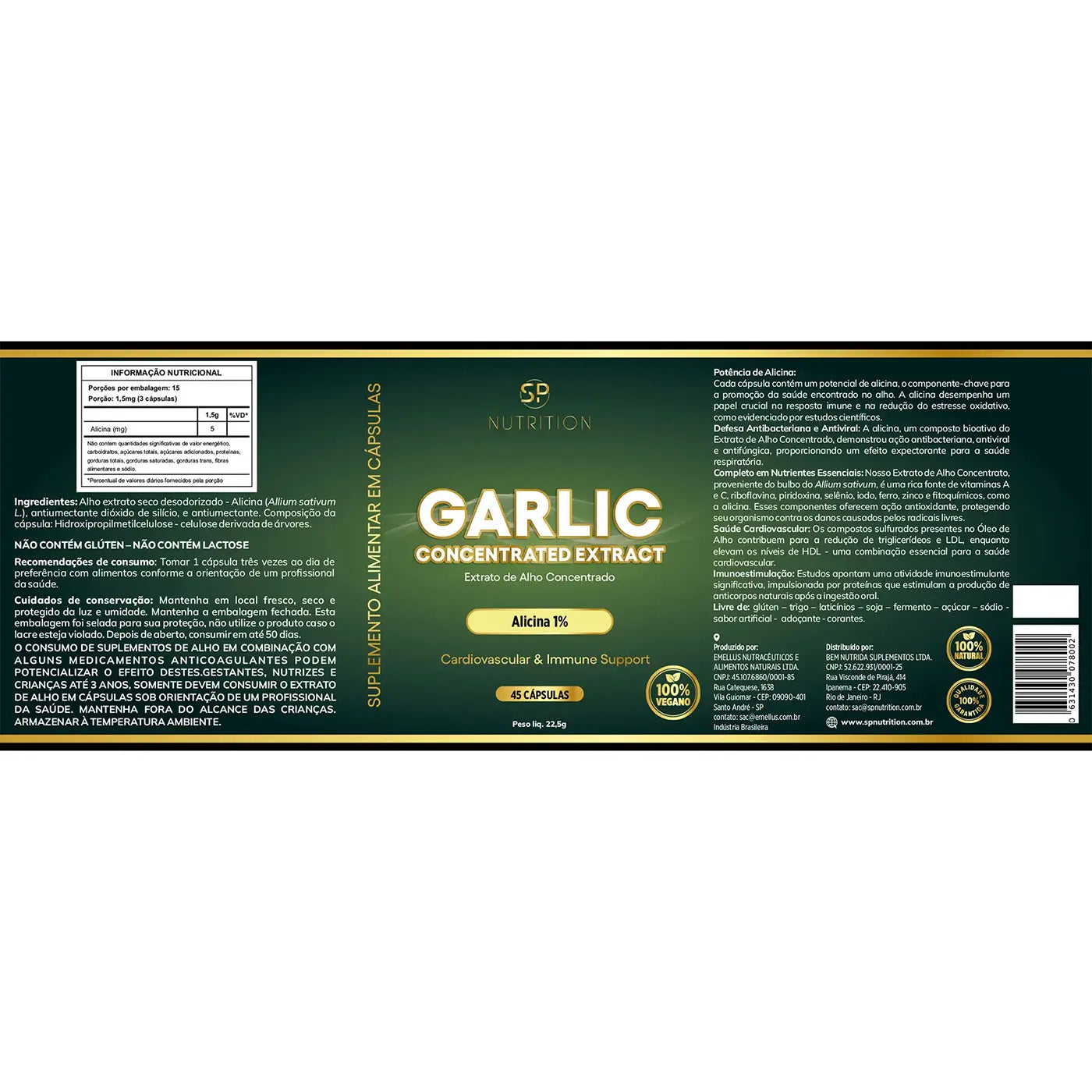 Extrato de Alho Concentrado - 1500 mg - 45 cápsulas - 15 doses - SP Nutrition - Rótulo