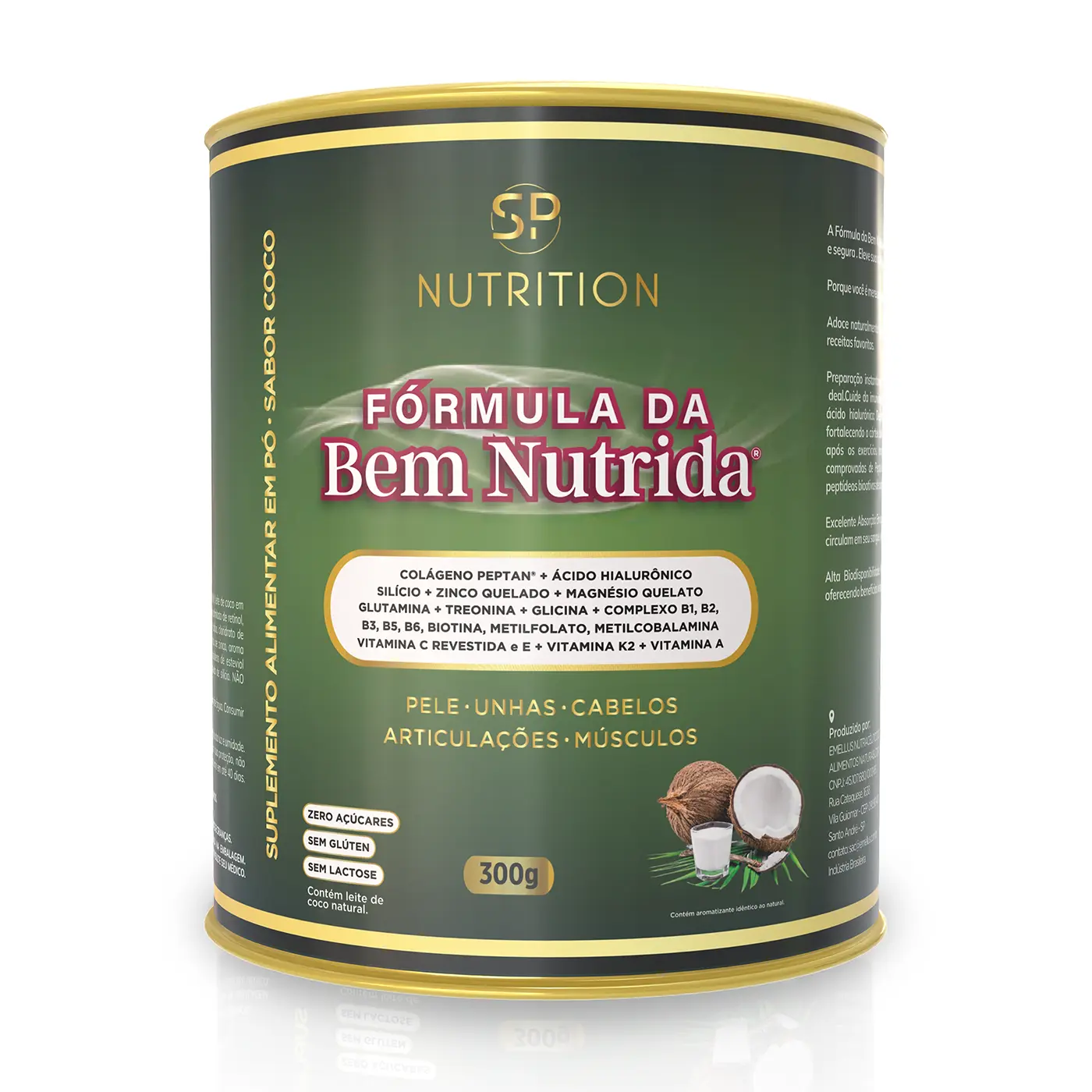 Fórmula da Bem Nutrida - Combinação de Colágeno Peptan, Leite de Coco em Pó Natural com Multivitaminas Ativas e Minerais Quelados - 300 g - 25 doses - SP Nutrition - Frasco