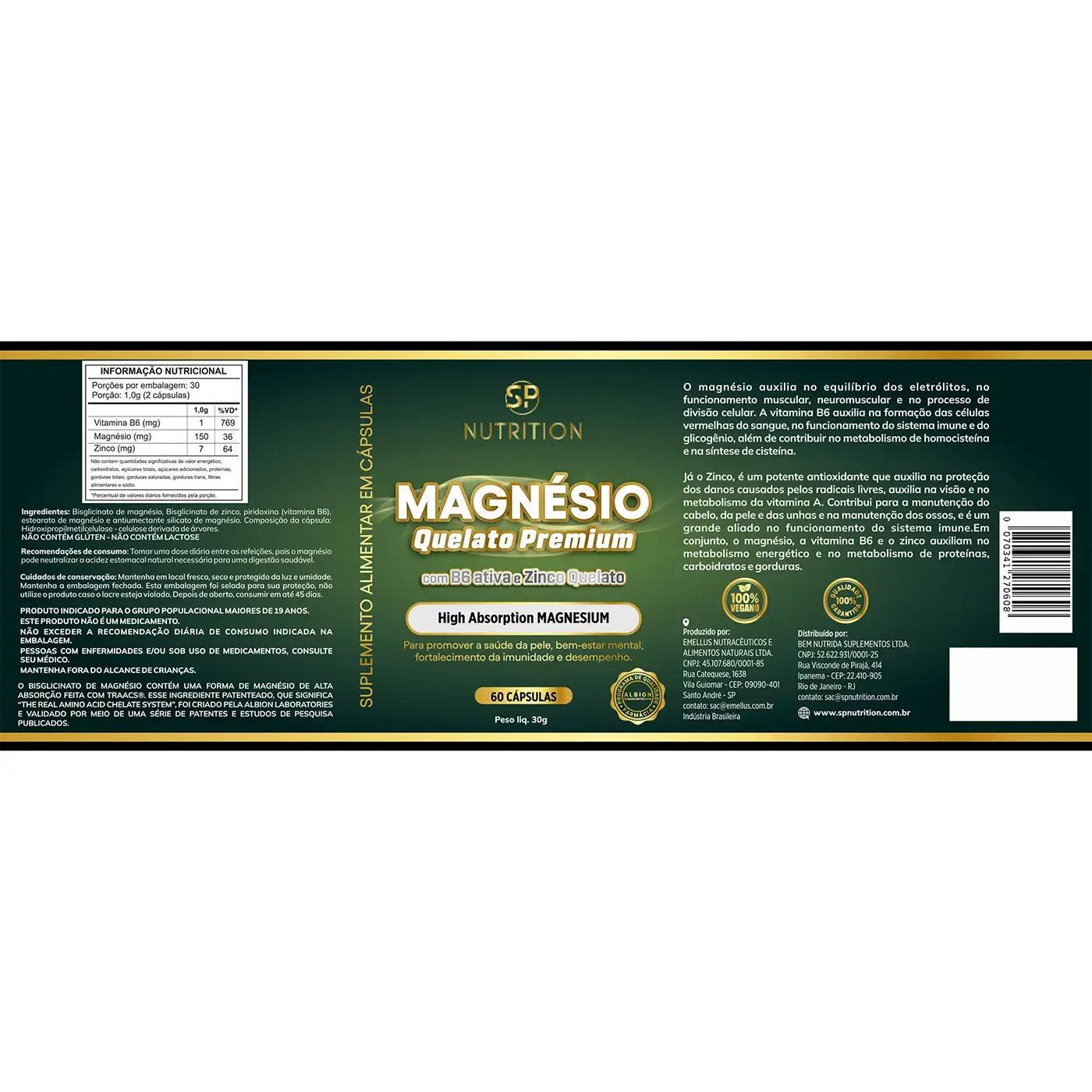 Magnésio com B6 Ativa e Zinco Quelato - 150 mg - 60 cápsulas - 30 doses - SP Nutrition - Rótulo