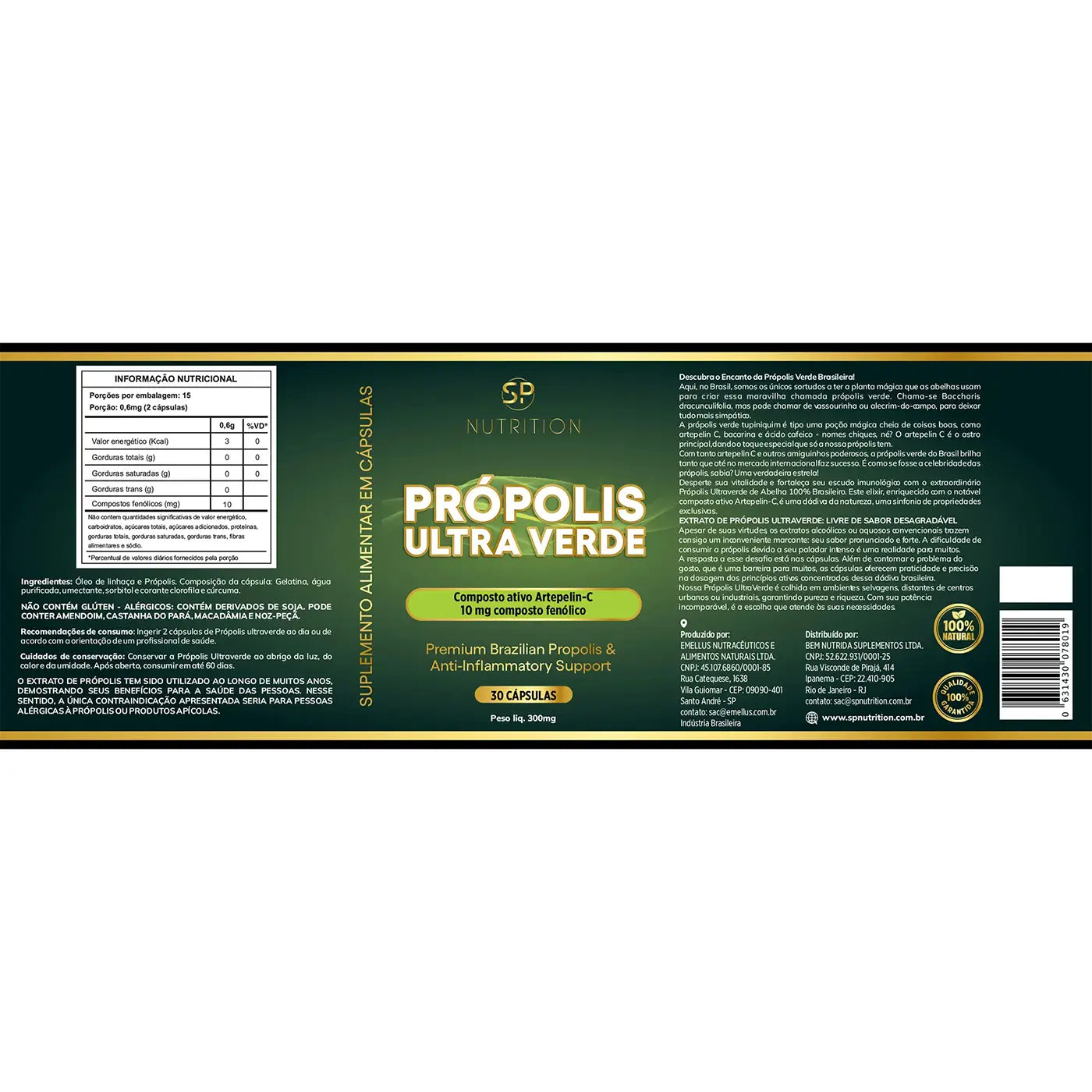 Própolis Ultra-Verde - 10 mg - 30 cápsulas - 15 doses - SP Nutrition - Rótulo