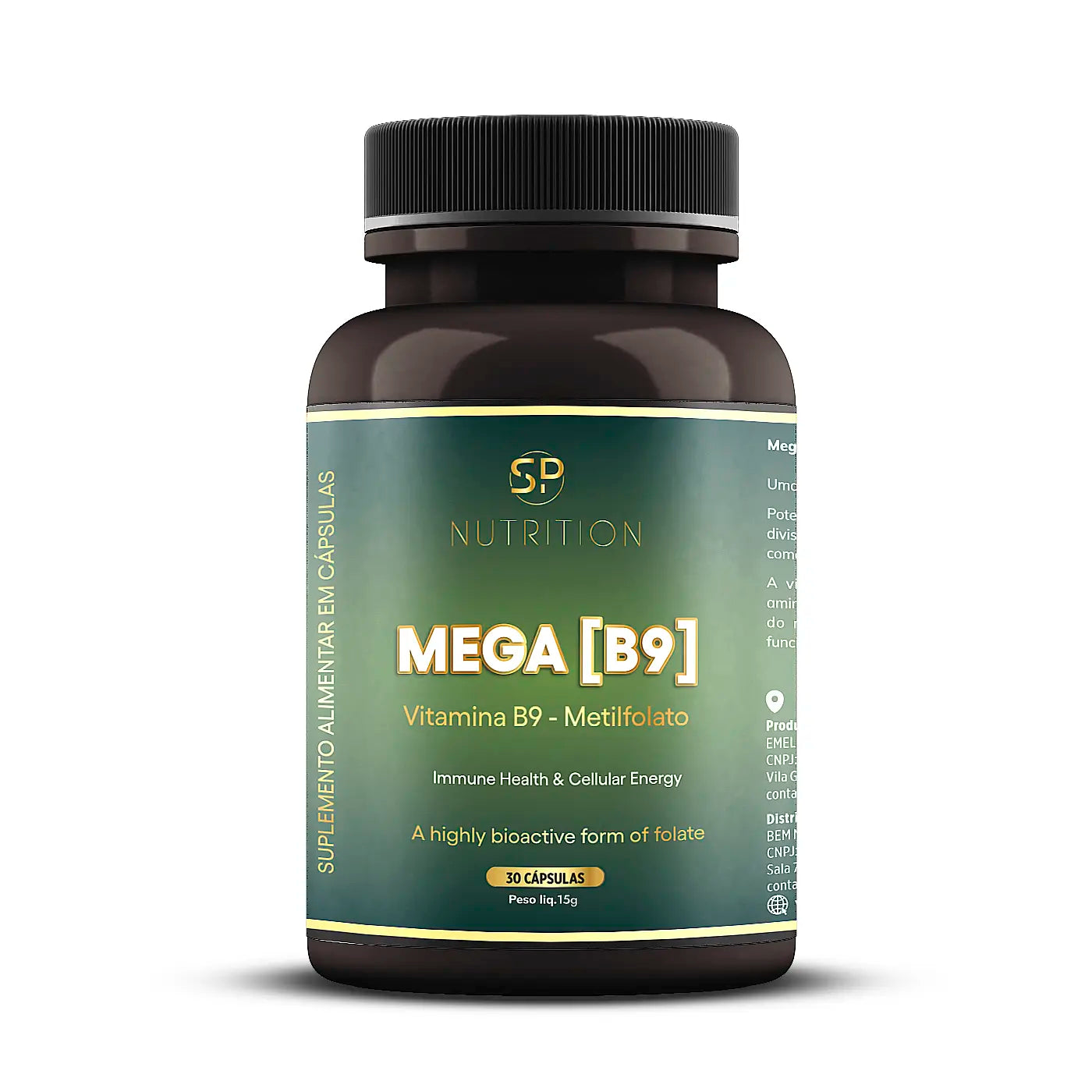 Vitamina B9 Metilfolato - 400 mcg - 30 cápsulas - 30 doses - SP Nutrition - Frasco