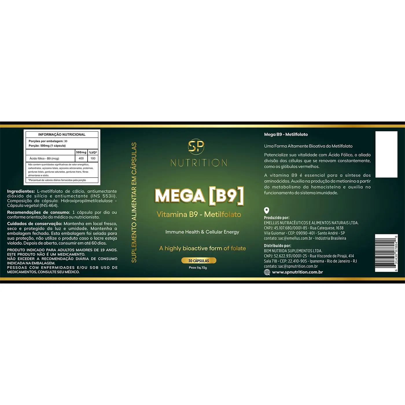 Vitamina B9 Metilfolato - 400 mcg - 30 cápsulas - 30 doses - SP Nutrition - Rótulo