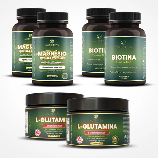 Kit com 2x Biotina + 2x L-Glutamina + 2x Magnésio + Livros Digitais