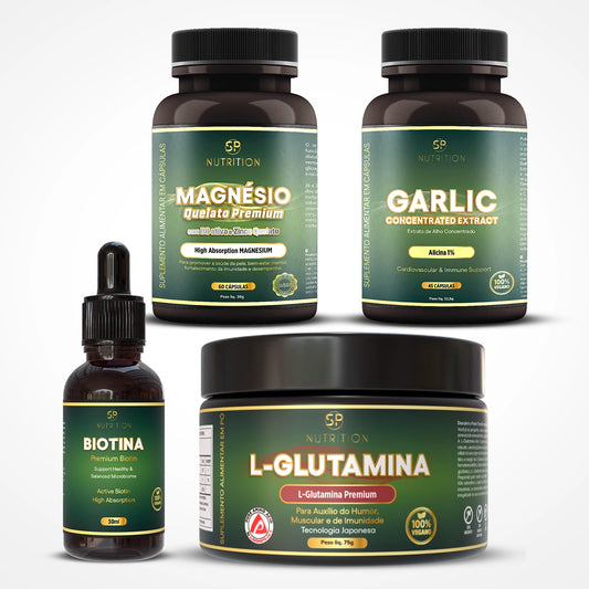 Kit com 1x Biotina + 1x Extrato de Alho + 1x L-Glutamina + 1x Magnésio + Livros Digitais