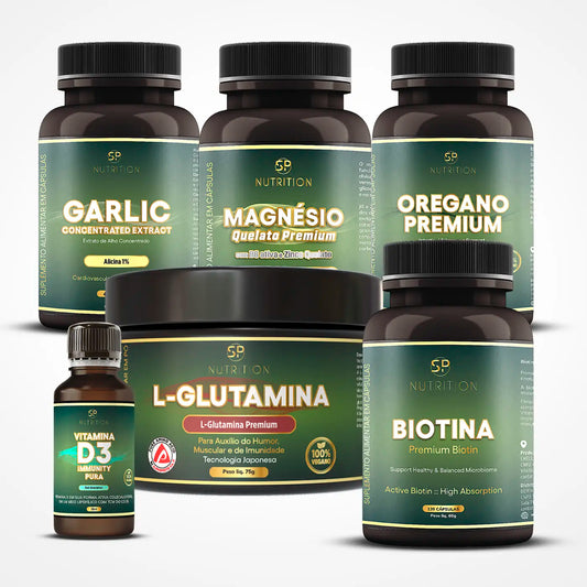 Kit com 1x Biotina + 1x Extrato de Alho + 1x Extrato de Orégano + 1x L-Glutamina + 1x Magnésio + 1x Vitamina D3 + Livros Digitais